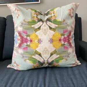 Laura Park Poppy Blue Dec Linen Cotton Pillow 26”x26” Designer COVER ONLY